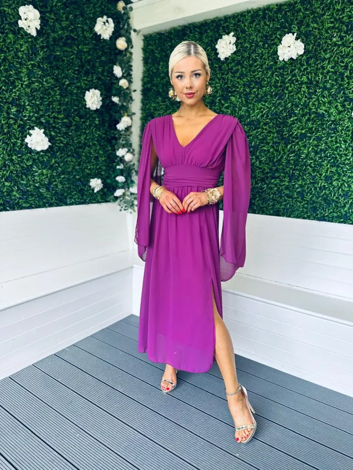 Alannah Cape Detail Midi Dress Berry Womens Canella Lane Midi
