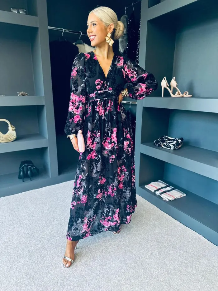 Bethany Midi Dress Burnout Black Pink Womens Canella Lane Maxi