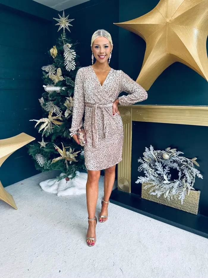 Carly Velvet Sequin Mini Dress Beige Womens Canella Lane Evening Dress