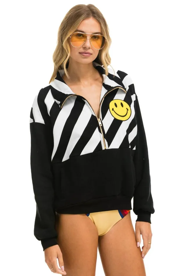 CAUTION SMILEY 2 EMBROIDERY FLEECE HALF ZIP SWEATSHIRT 8211 BLACK WHITE Women Aviator Nation Sweatshirts