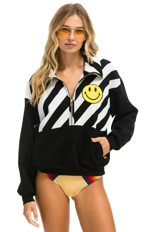 CAUTION SMILEY 2 EMBROIDERY FLEECE HALF ZIP SWEATSHIRT 8211 BLACK WHITE Women Aviator Nation Sweatshirts