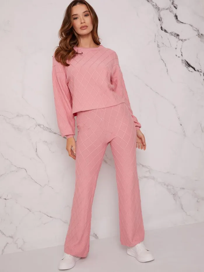 Chi Chi London Diamond Stitch Loungewear Set In Pink Women Loungewear