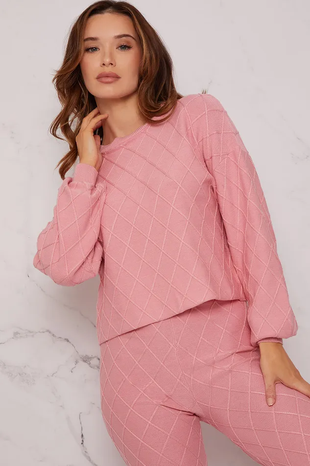 Chi Chi London Diamond Stitch Loungewear Set In Pink Women Loungewear
