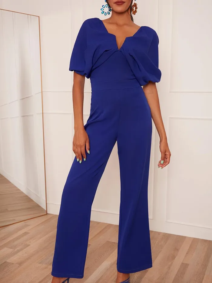Chi Chi London Drape Sleeve Wide Leg Jumpsuit In Blue Women Jumpsuits