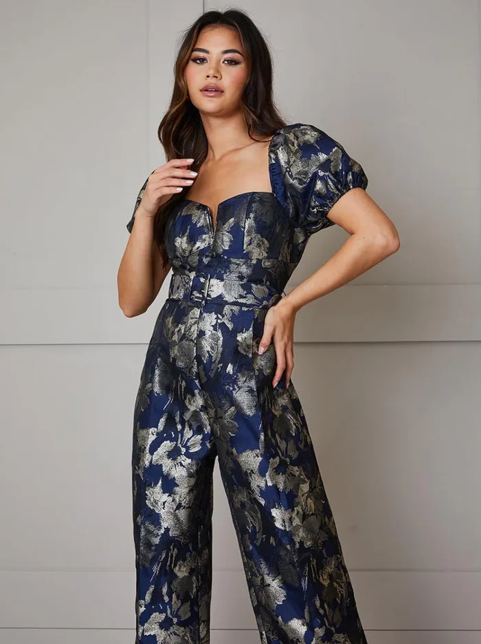 Chi Chi London Puff Sleeve Jacquard Wide Leg Jumpsuit In Navy Women Jumpsuits