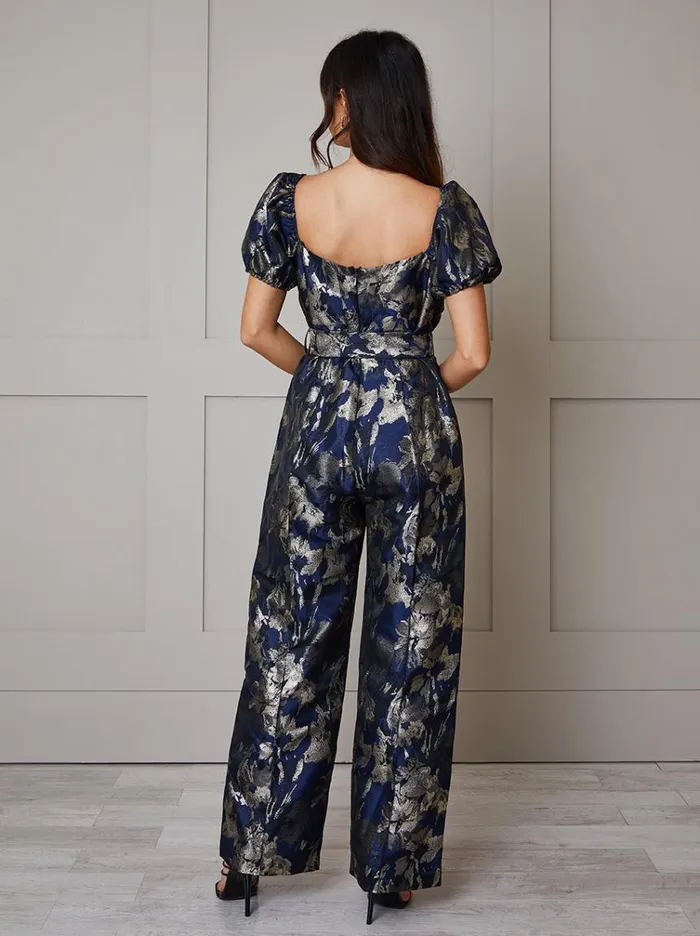 Chi Chi London Puff Sleeve Jacquard Wide Leg Jumpsuit In Navy Women Jumpsuits