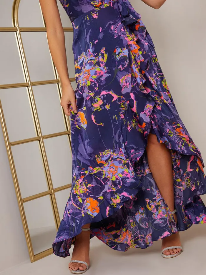 Chi Chi London Sleeveless Neon Abstract Print Wrap Midi Dress In Blue Women Wrap Dresses