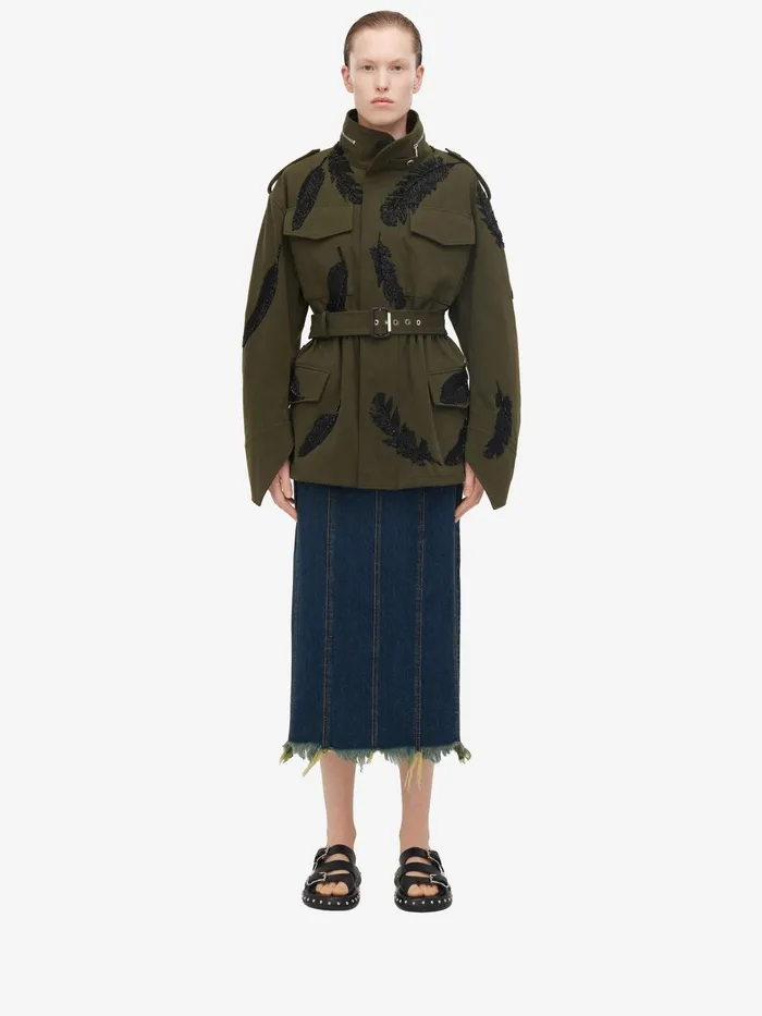 Coats And Outerwear Women Alexander McQueen Feather Embroidery Parka Jacket Khaki