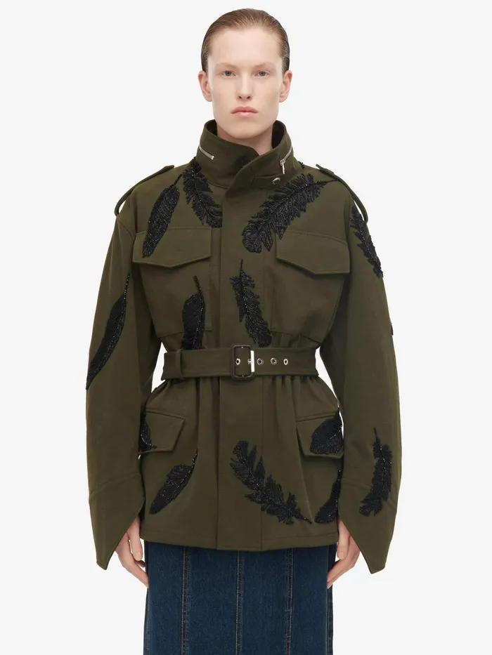 Coats And Outerwear Women Alexander McQueen Feather Embroidery Parka Jacket Khaki