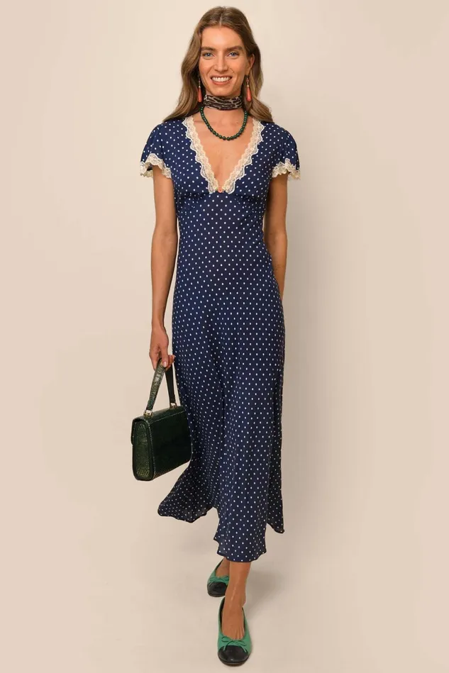 Dresses Women RIXO Clarice Polka Dot Navy