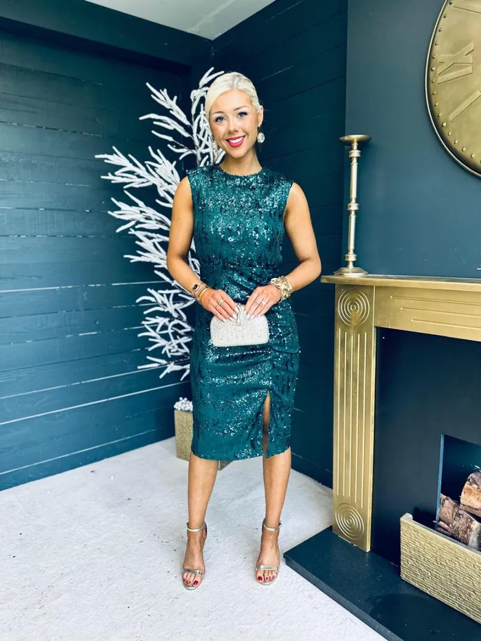Estelle Sequin Ruched Midi Dress Green Womens Canella Lane Evening Dress