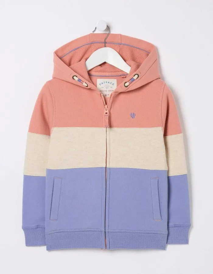 Girls Sweatshirts and Hoodies FatFace Colour Block ZipThrough Hoodie Washed Blue