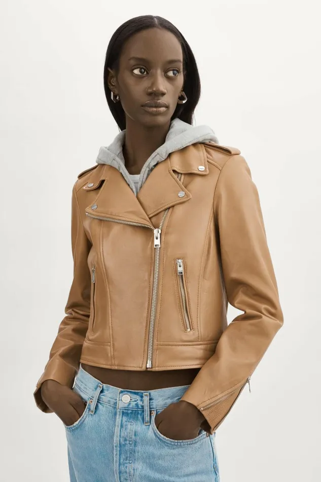 Holy Leather Biker Jacket With Removable Hood Sesame Women Lamarque LEATHER JACKETS