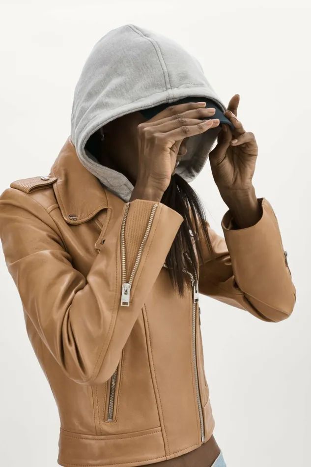 Holy Leather Biker Jacket With Removable Hood Sesame Women Lamarque LEATHER JACKETS