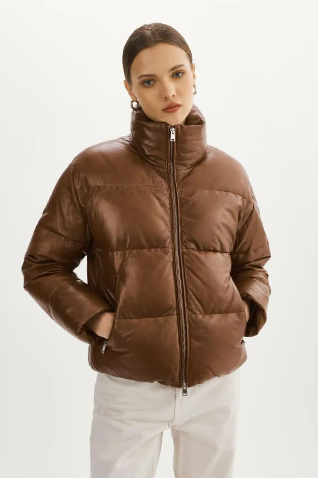 Iris Leather Puffer Jacket Dark Cognac Women Lamarque LEATHER JACKETS