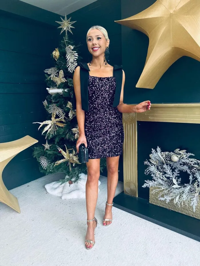 Jude Bow Detail Sequin Mini Dress Purple Womens Canella Lane Evening Dress