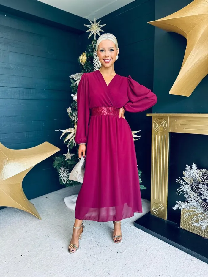Julia Sequin Banded Midi Dress Burgundy Womens Canella Lane Evening Dress