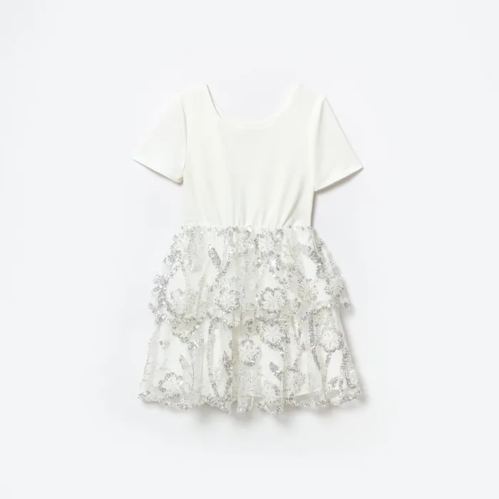Kids White Jersey Sequin Tulle Mini Dress Self Portrait