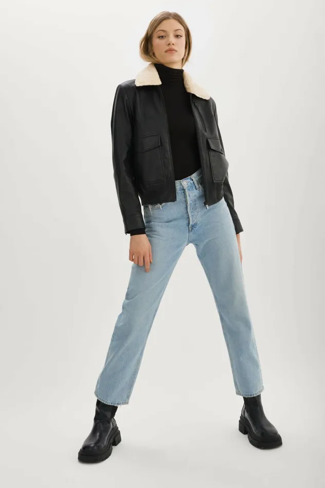 Klemence Leather Aviator Jacket Black Women Lamarque LEATHER JACKETS