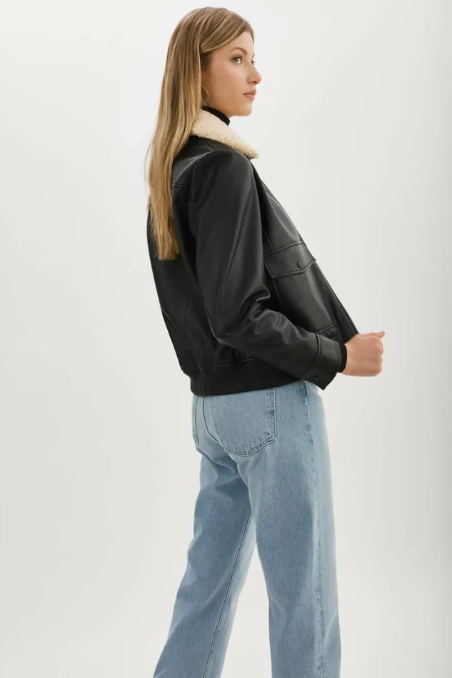Klemence Leather Aviator Jacket Black Women Lamarque LEATHER JACKETS