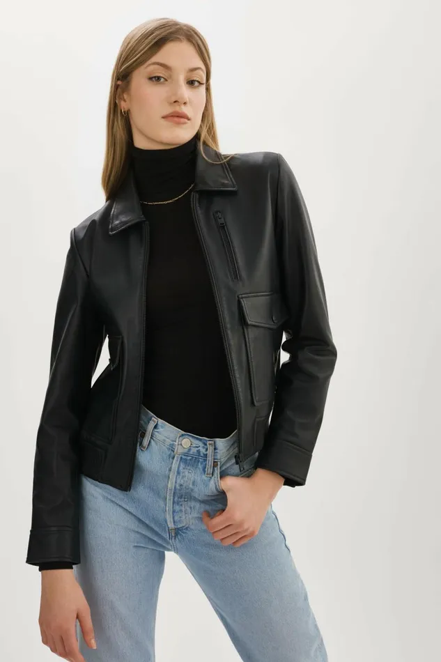 Klemence Leather Aviator Jacket Black Women Lamarque LEATHER JACKETS
