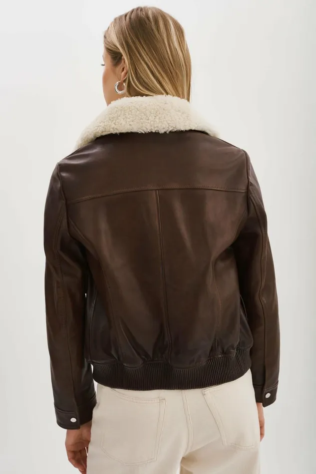 Klemence Leather Aviator Jacket Chocolate Brown Women Lamarque LEATHER JACKETS