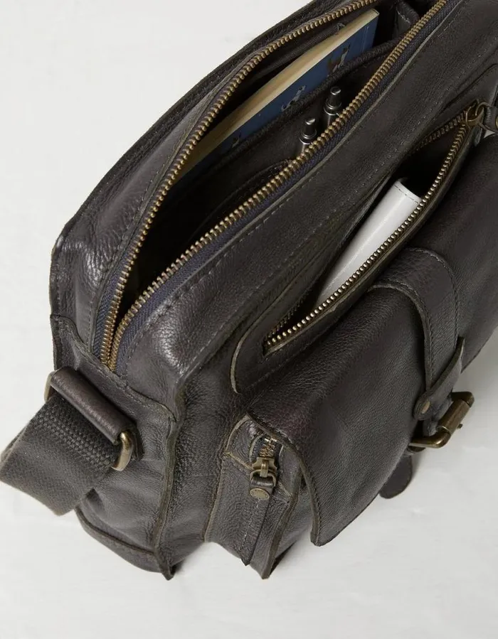 Men Bags and Wallets FatFace Bramdean Leather Crossbody Bag Charcoal Grey