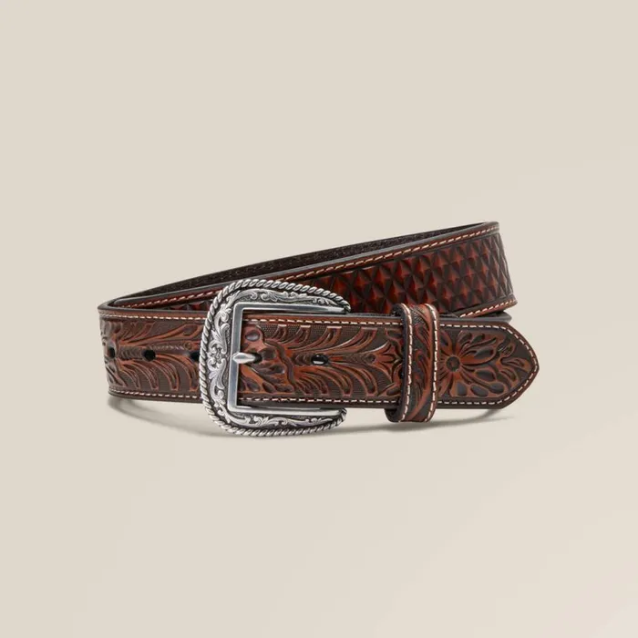 Men Diamond Plate Embroidery Tan Ariat Belts