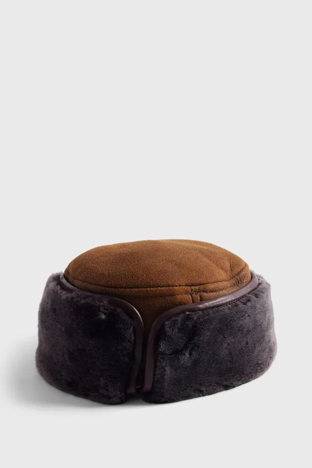 Mens Paul Stuart Hats Round Shearling Hat With Snaps Chestnut