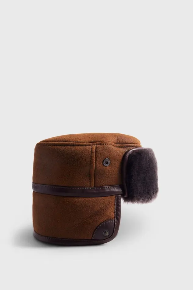 Mens Paul Stuart Hats Round Shearling Hat With Snaps Chestnut Mens Paul Stuart Hats Round Shearling Hat With Snaps Chestnut