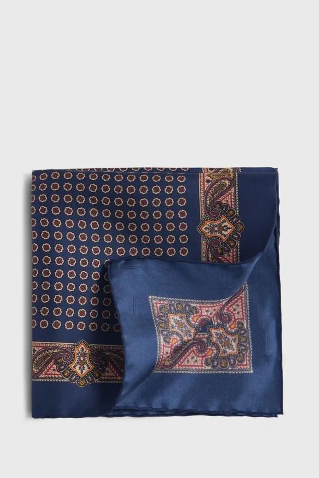 Mens Paul Stuart Pocket Squares Printed Silk Medallion And Paisley Pocket Square Navy