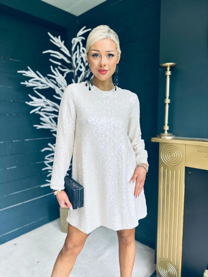 Mila Bow Detail Sequin Mini Dress Cream Womens Canella Lane Mini