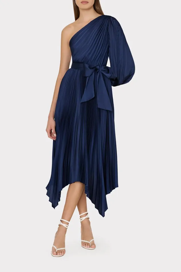 Milly Essi Satin Pleated One Shoulder Dress Navy Women Dresses
