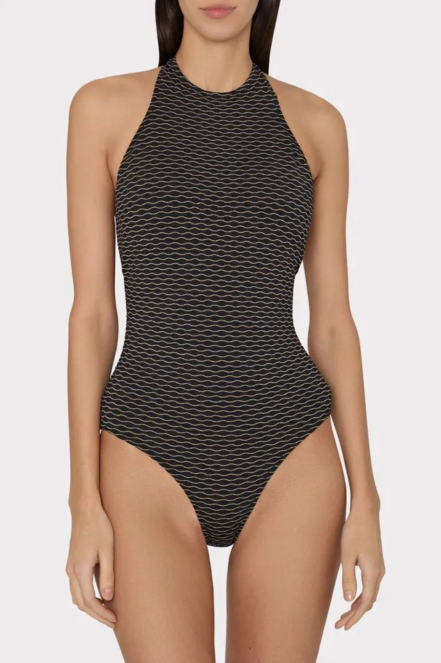 Milly Jackie Textured Waves Halter One Piece Black Women Swim and Coverups