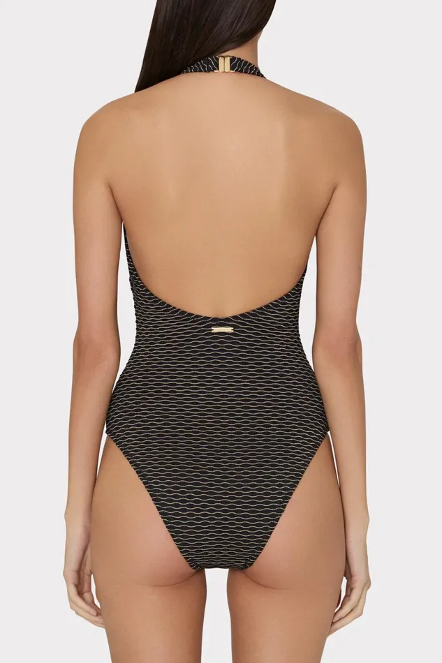Milly Jackie Textured Waves Halter One Piece Black Women Swim and Coverups