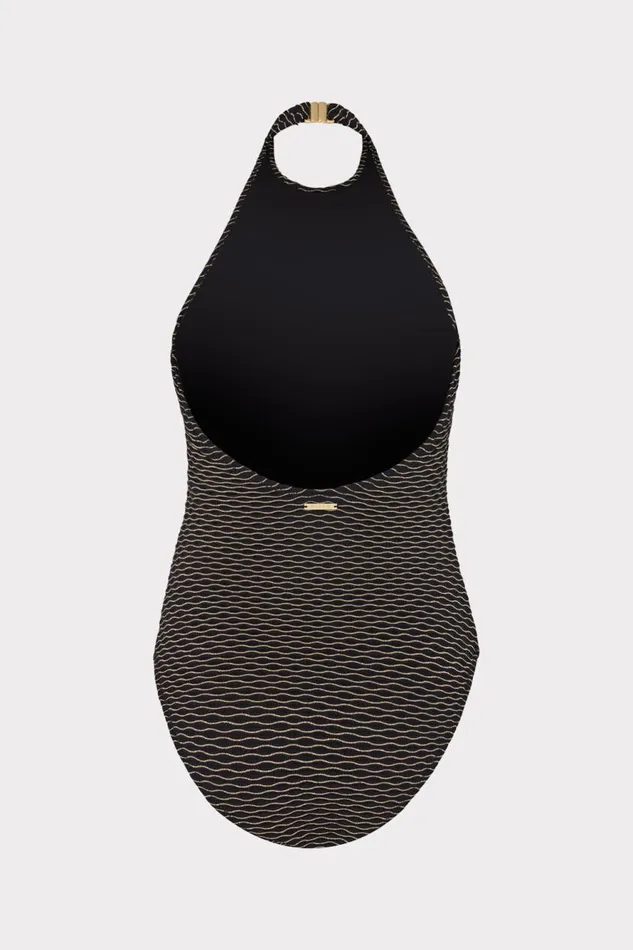 Milly Jackie Textured Waves Halter One Piece Black Women Swim and Coverups