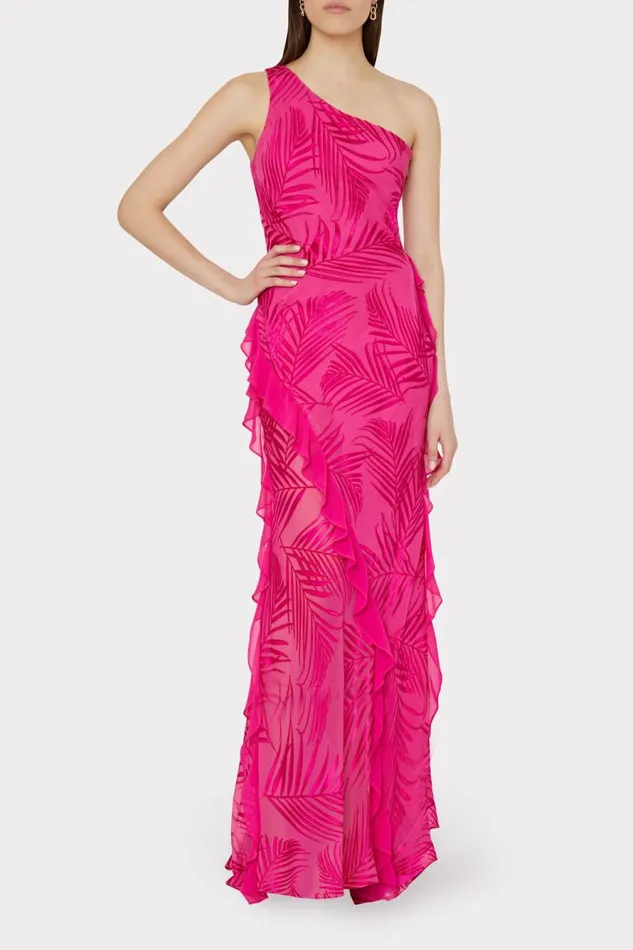 Milly Ryanna Chiffon Devore Dress Pink Palm Women Dresses