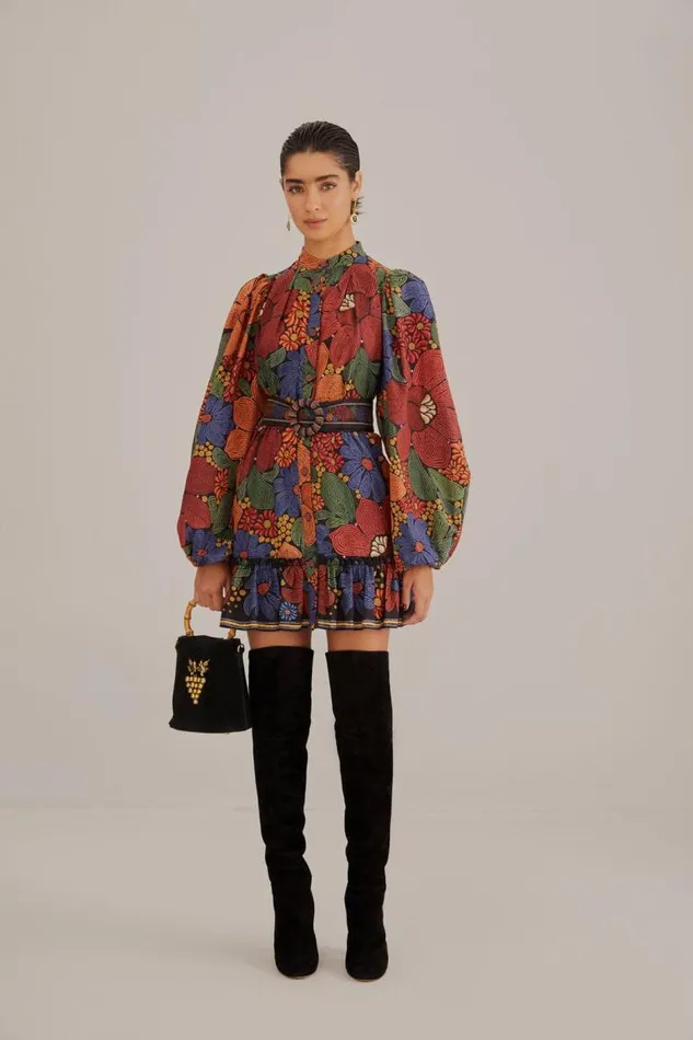 Mini Dresses Women FARM Rio Black Stitched Flowers Long Sleeve Mini Dress