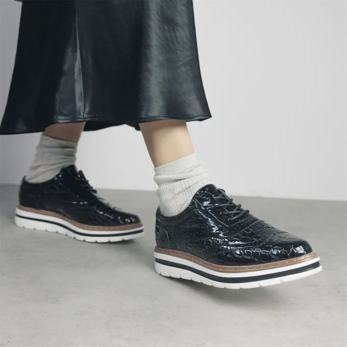 Moda In Pelle Gennisiss Black Patent Mocc Croc Women Brogues And Loafers