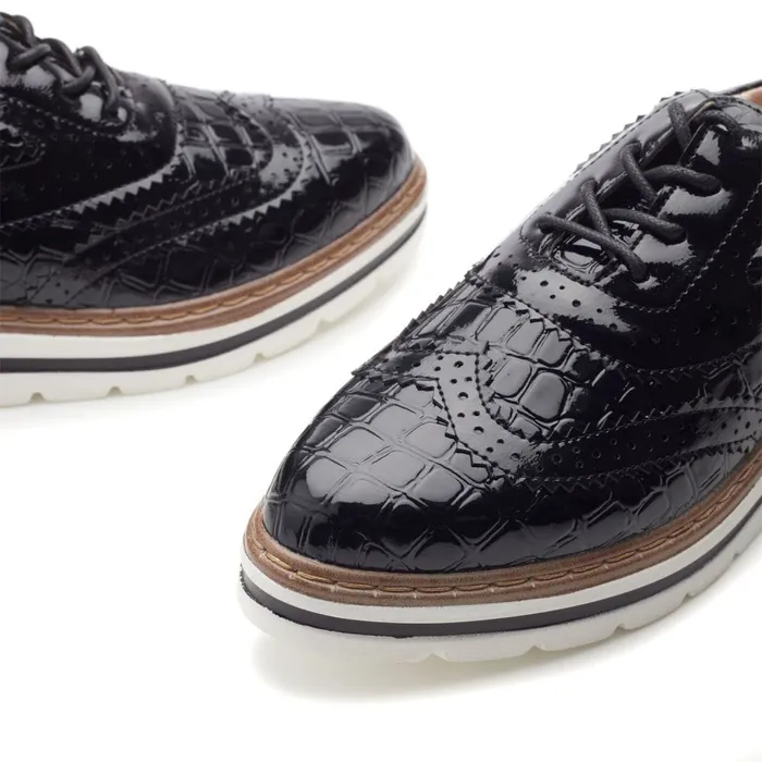 Moda In Pelle Gennisiss Black Patent Mocc Croc Women Brogues And Loafers