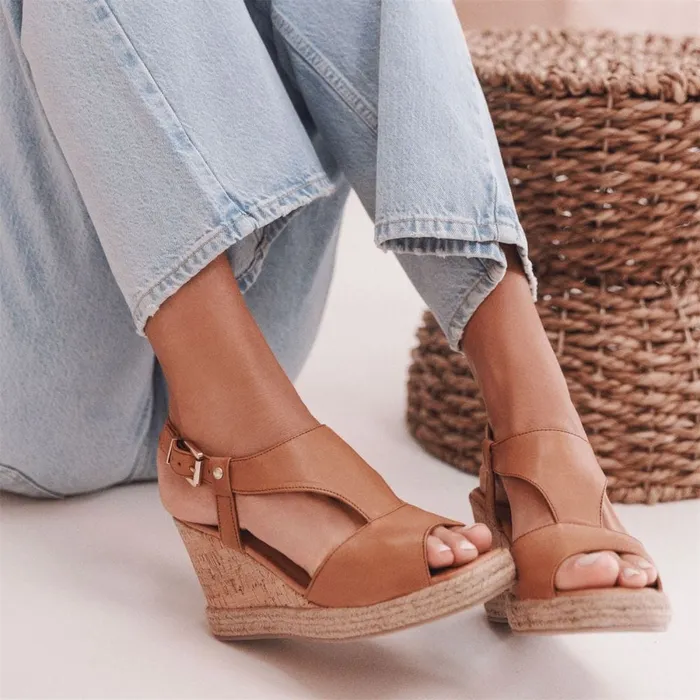 Moda In Pelle Petrina Tan Leather Women Wedge Sandals