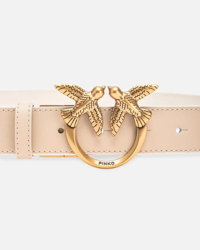 Pinko Doubleface Belt With Love Birds Buckle 3 Cm Sandwhiteantiquegold Women Belts