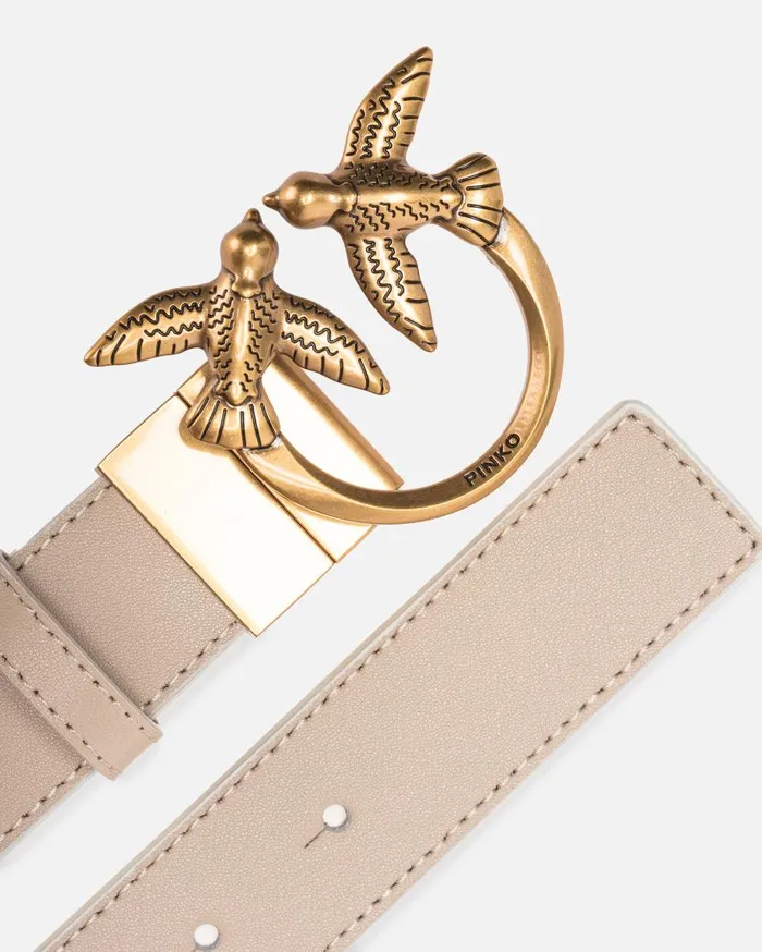 Pinko Doubleface Belt With Love Birds Buckle 3 Cm Sandwhiteantiquegold Women Belts