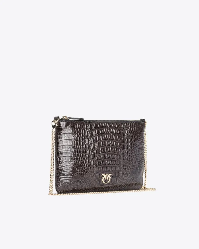 Pinko Galleria Shiny Crocprint Classic Flat Love Bag Blacklight Gold Women Limited Edition