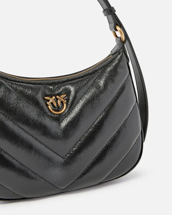 Pinko Half Moon Small Shoulder Bag In Laminated Leather Blackantique Gold Women Shoulder Bags