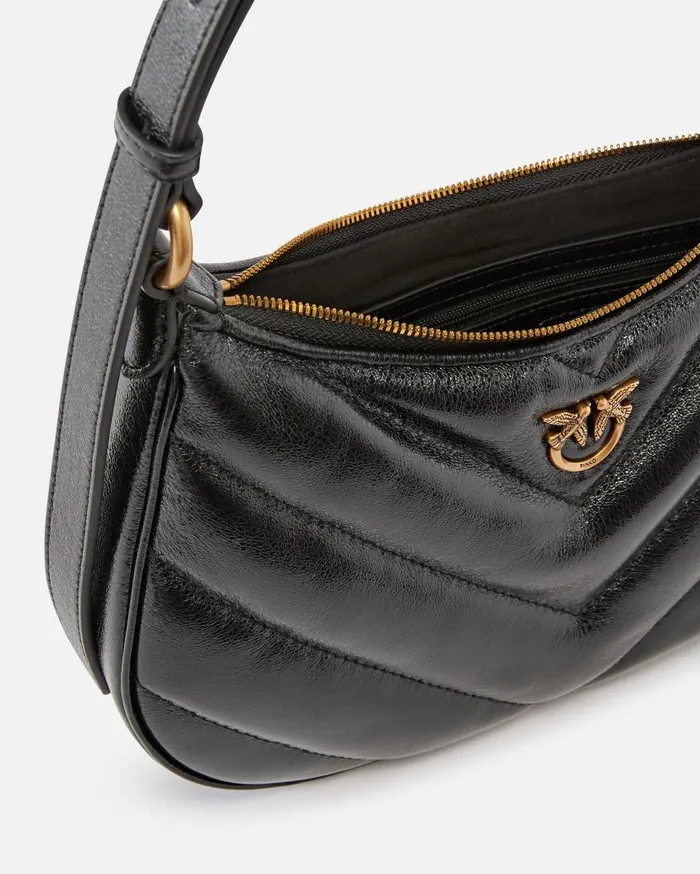 Pinko Half Moon Small Shoulder Bag In Laminated Leather Blackantique Gold Women Shoulder Bags