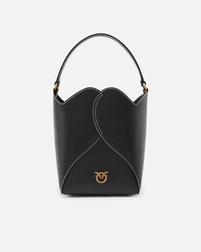 Pinko Heart Mini Leather Bucket Bag With Shoulder Strap Blackantique Gold Women Handbags