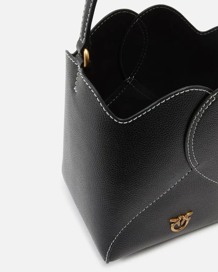Pinko Heart Mini Leather Bucket Bag With Shoulder Strap Blackantique Gold Women Handbags