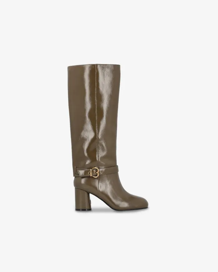 Pinko Heeled High Boots In Bright Nappa Leather Army Green Women Boots