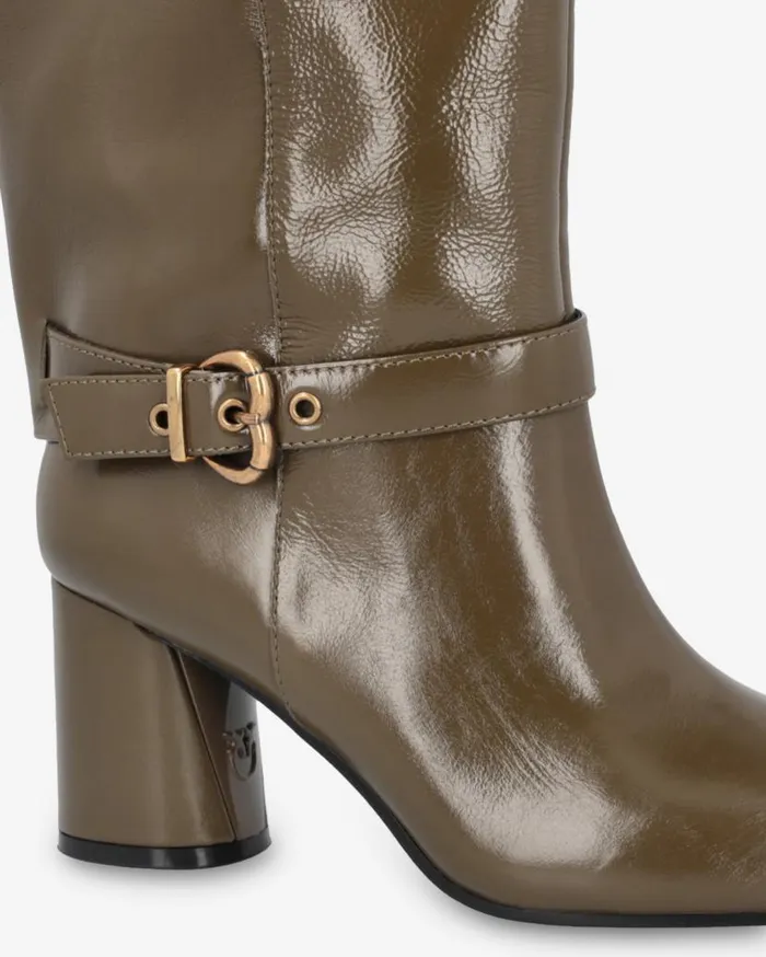Pinko Heeled High Boots In Bright Nappa Leather Army Green Women Boots